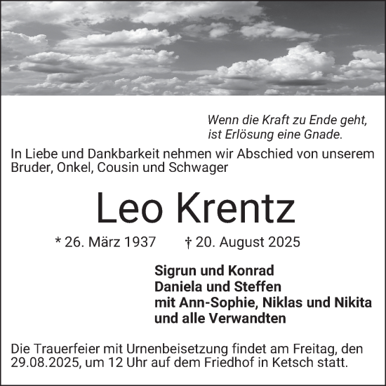 Traueranzeige von Leo Krentz von Schwetzinger Zeitung