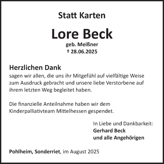 Traueranzeige von Lore Beck von Fränkische Nachrichten