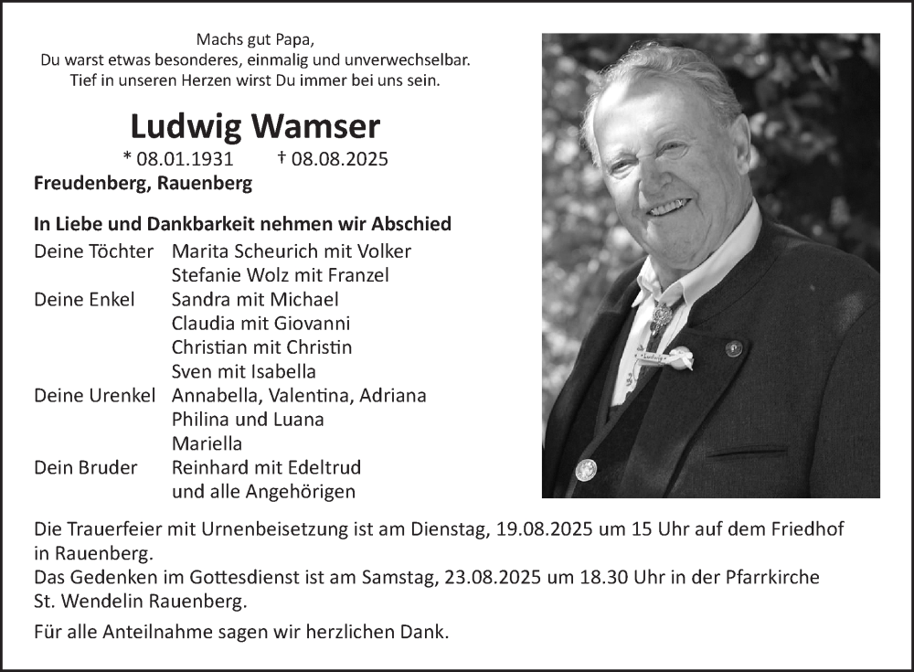  Traueranzeige für Ludwig Wamser vom 14.08.2025 aus Fränkische Nachrichten
