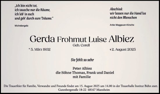 Traueranzeige von Luise Albiez von Mannheimer Morgen