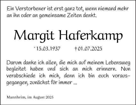 Traueranzeige von Margit Haferkamp von Mannheimer Morgen
