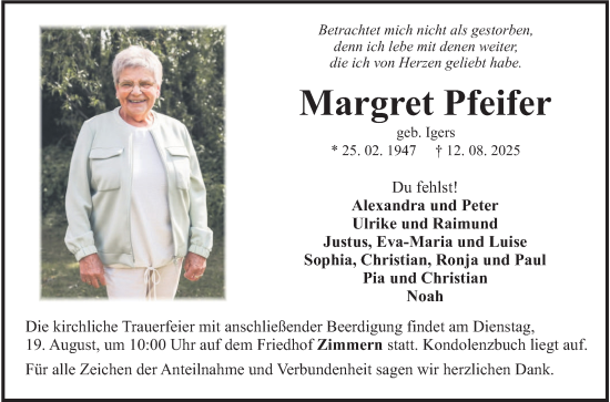 Traueranzeige von Margret Pfeifer von Fränkische Nachrichten