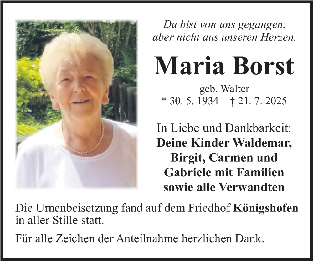  Traueranzeige für Maria Borst vom 23.08.2025 aus Fränkische Nachrichten