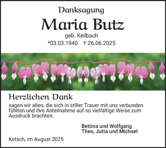 Traueranzeige von Maria Butz von Schwetzinger Zeitung