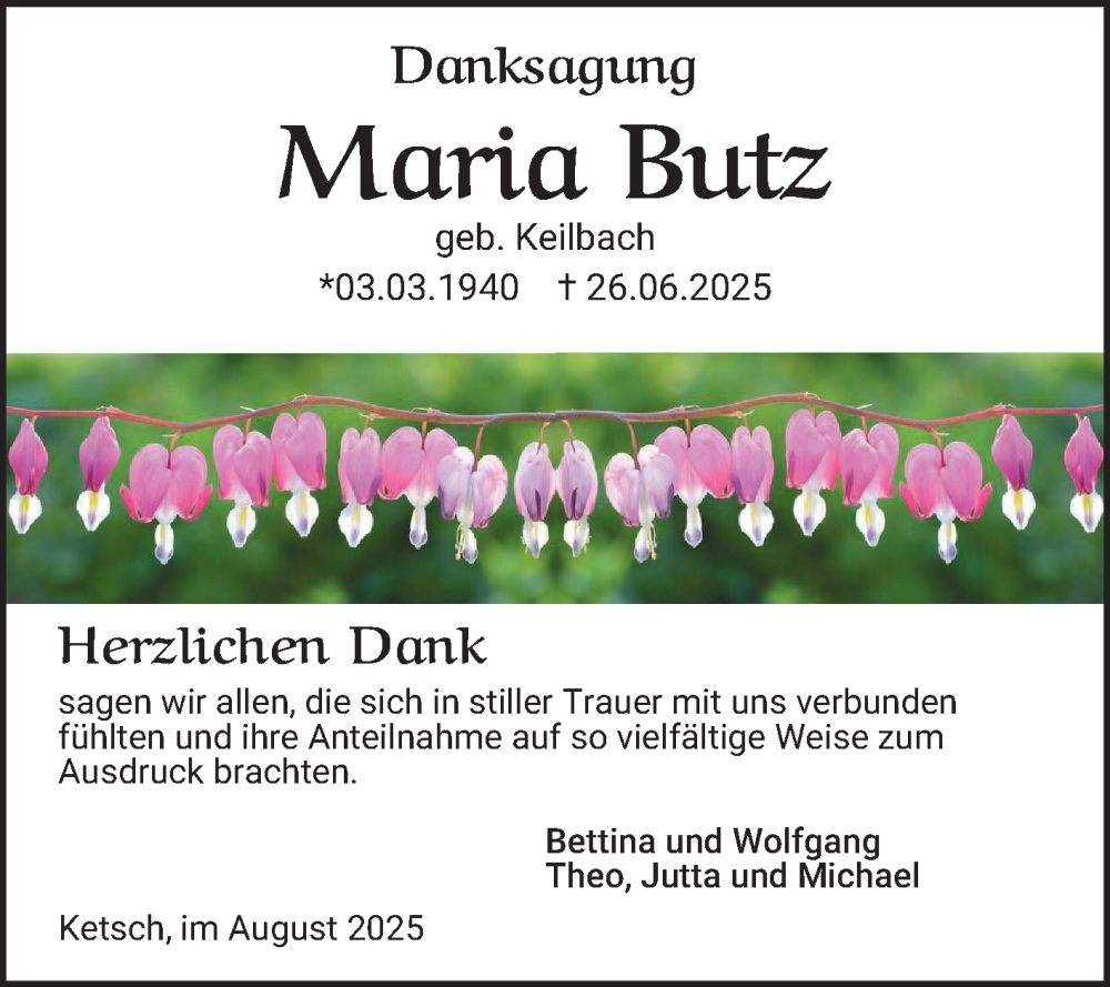  Traueranzeige für Maria Butz vom 02.08.2025 aus Schwetzinger Zeitung