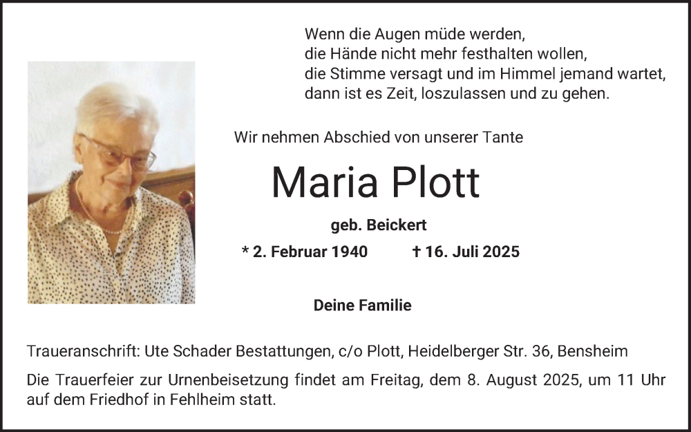  Traueranzeige für Maria Plott vom 02.08.2025 aus Bergsträßer Anzeiger
