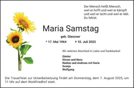 Traueranzeige von Maria Samstag von Bergsträßer Anzeiger
