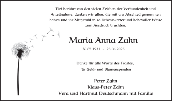 Traueranzeige von Maria Anna Zahn von Schwetzinger Zeitung