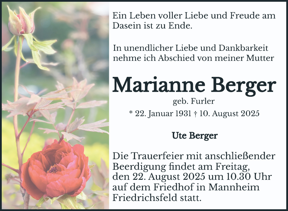  Traueranzeige für Marianne Berger vom 16.08.2025 aus Mannheimer Morgen