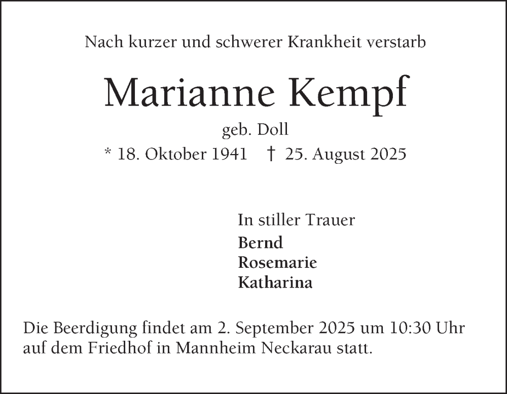  Traueranzeige für Marianne Kempf vom 30.08.2025 aus Mannheimer Morgen