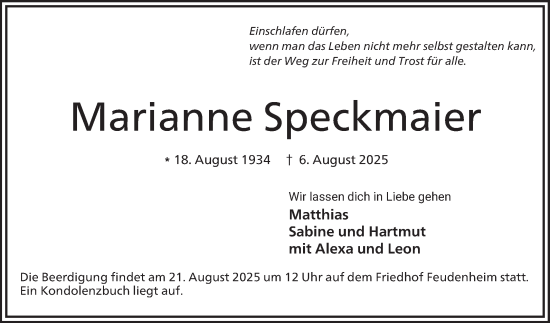 Traueranzeige von Marianne Speckmaier von Mannheimer Morgen