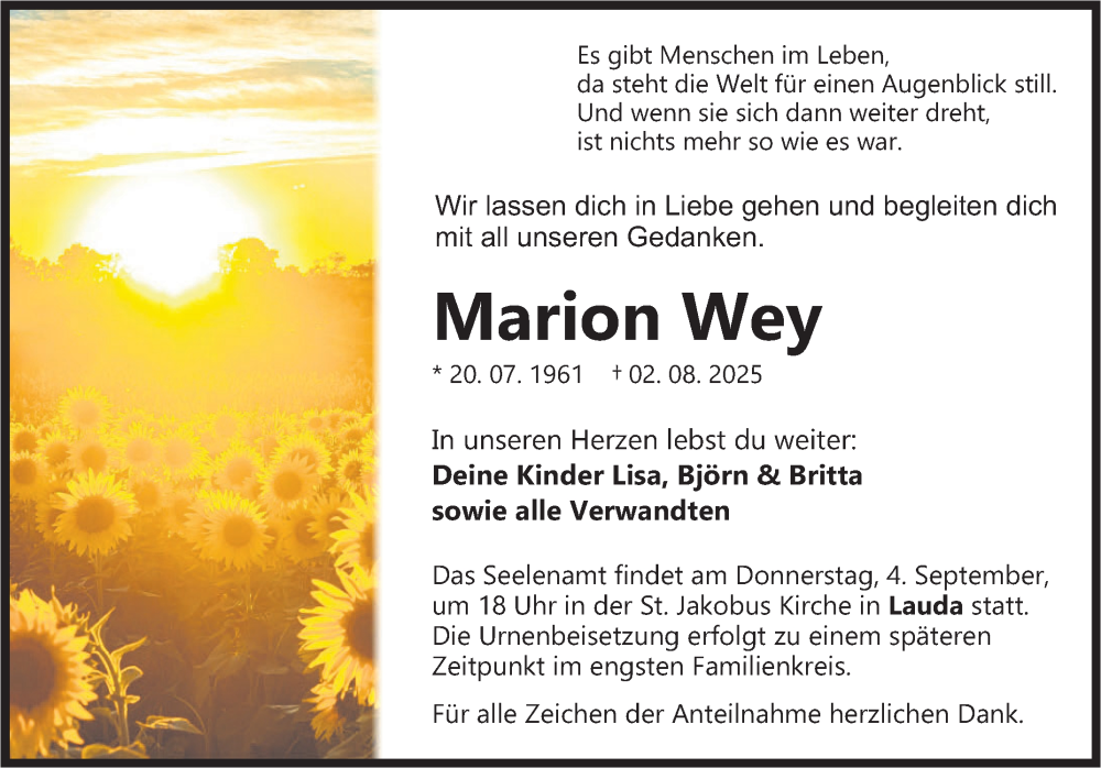  Traueranzeige für Marion Wey vom 30.08.2025 aus Fränkische Nachrichten