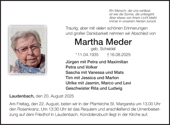 Traueranzeige von Martha Meder von Fränkische Nachrichten