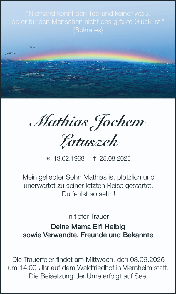  Traueranzeige für Mathias Jochem Latuszek vom 30.08.2025 aus Mannheimer Morgen