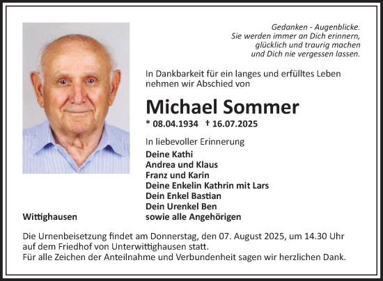 Traueranzeige von Michael Sommer von Fränkische Nachrichten