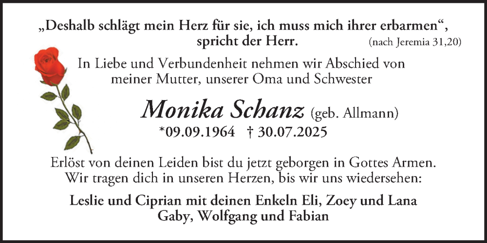  Traueranzeige für Monika Schanz vom 16.08.2025 aus Mannheimer Morgen
