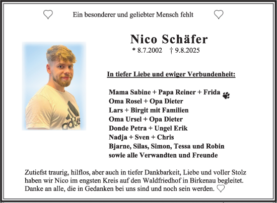 Traueranzeige von Nico Schäfer von Mannheimer Morgen