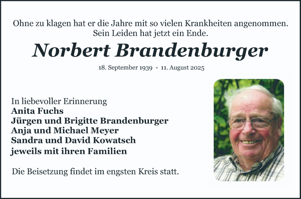  Traueranzeige für Norbert Brandenburger vom 16.08.2025 aus Schwetzinger Zeitung