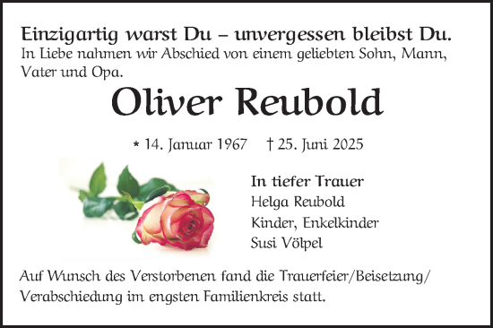 Traueranzeige von Oliver Reubold von Mannheimer Morgen