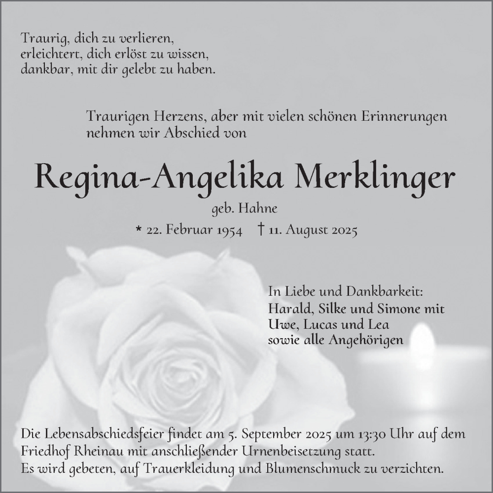  Traueranzeige für Regina-Angelika Merklinger vom 30.08.2025 aus Mannheimer Morgen