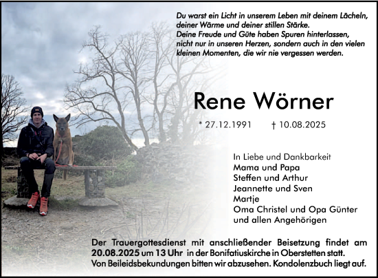 Traueranzeige von Rene Wörner von Fränkische Nachrichten