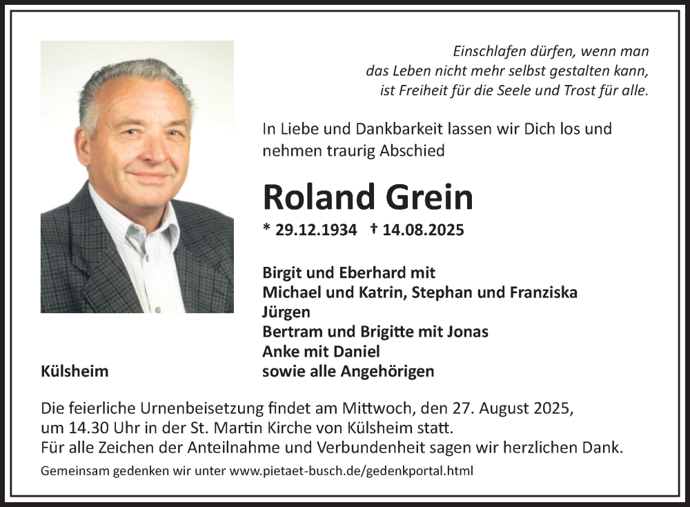  Traueranzeige für Roland Grein vom 23.08.2025 aus Fränkische Nachrichten