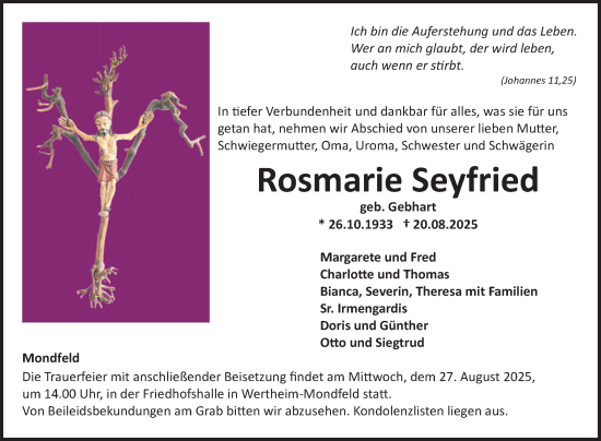 Traueranzeige von Rosmarie Seyfried von Fränkische Nachrichten