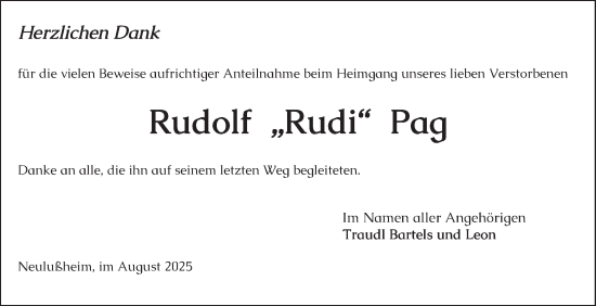 Traueranzeige von Rudolf Pag von Schwetzinger Zeitung