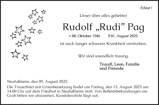 Traueranzeige von Rudolf Pag von Schwetzinger Zeitung
