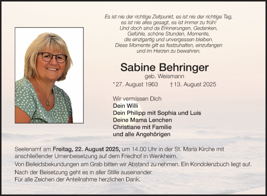 Traueranzeige von Sabine Behringer von Fränkische Nachrichten