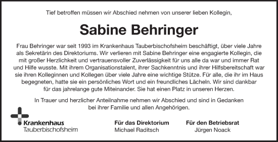 Traueranzeige von Sabine Behringer von Fränkische Nachrichten