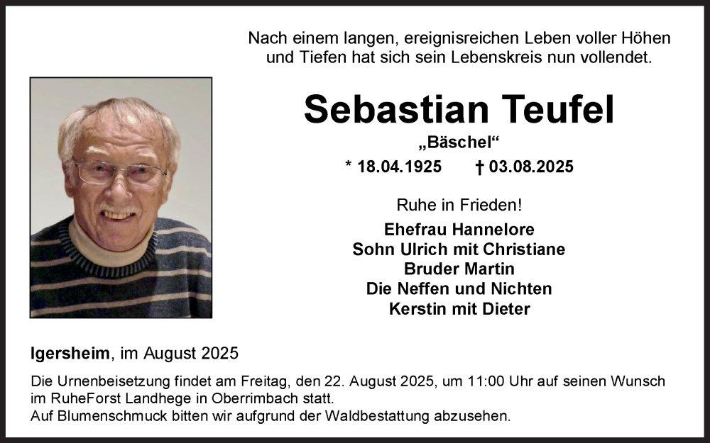  Traueranzeige für Sebastian Teufel vom 20.08.2025 aus Fränkische Nachrichten