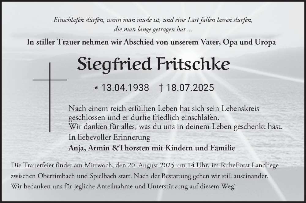  Traueranzeige für Siegfried Fritschke vom 14.08.2025 aus Fränkische Nachrichten