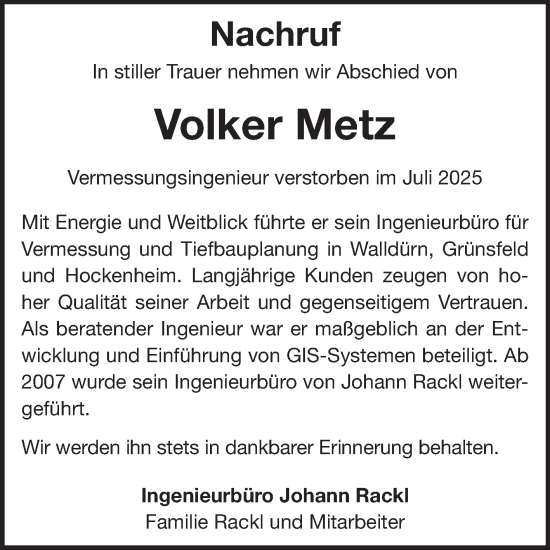 Traueranzeige von Volker Metz von Fränkische Nachrichten