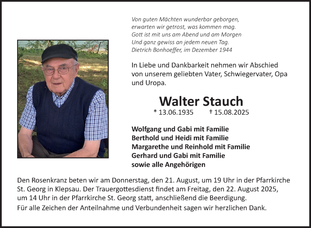  Traueranzeige für Walter Stauch vom 20.08.2025 aus Fränkische Nachrichten