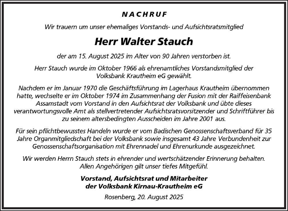  Traueranzeige für Walter Stauch vom 20.08.2025 aus Fränkische Nachrichten