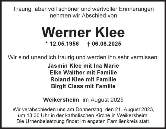 Traueranzeige von Werner Klee von Fränkische Nachrichten