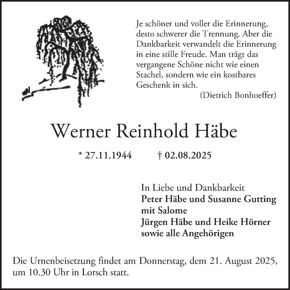  Traueranzeige für Werner Reinhold Häbe vom 09.08.2025 aus Bergsträßer Anzeiger