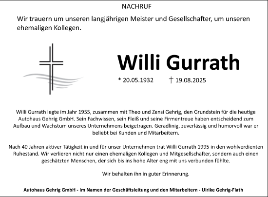 Traueranzeige von Willi Gurrath von Fränkische Nachrichten