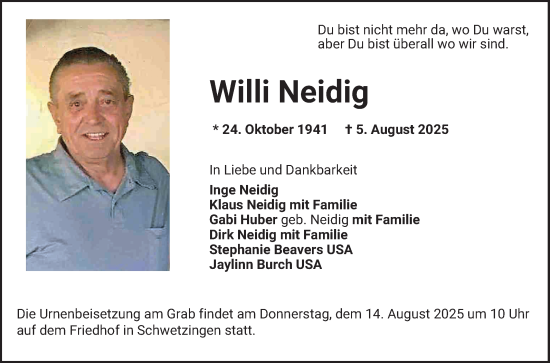 Traueranzeige von Willi Neidig von Schwetzinger Zeitung