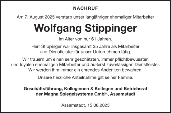 Traueranzeige von Wolfgang Stippinger von Fränkische Nachrichten