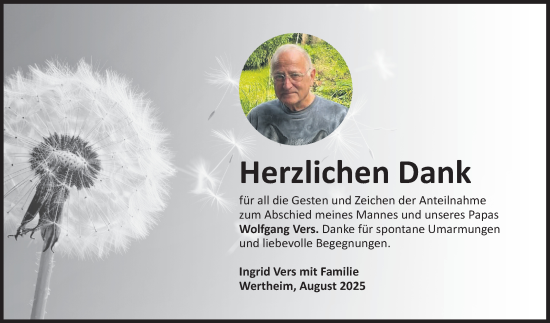 Traueranzeige von Wolfgang Vers von Fränkische Nachrichten