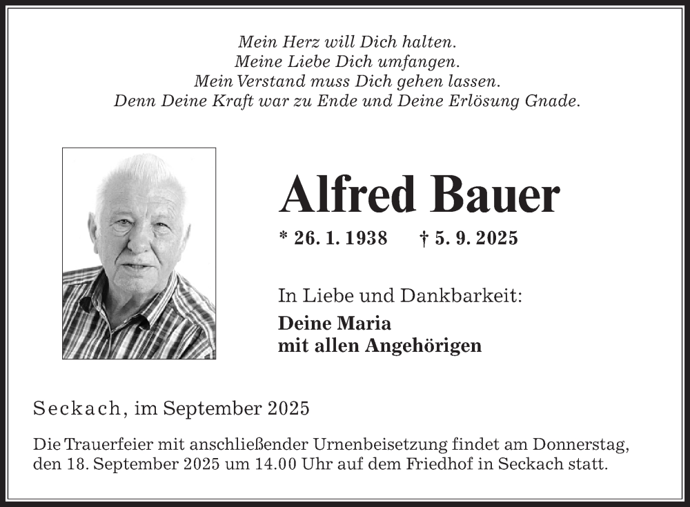  Traueranzeige für Alfred Bauer vom 13.09.2025 aus Fränkische Nachrichten