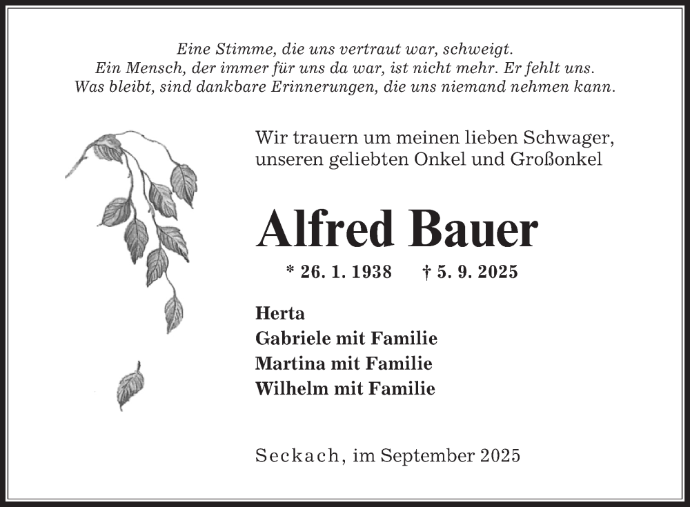 Traueranzeige für Alfred Bauer vom 13.09.2025 aus Fränkische Nachrichten