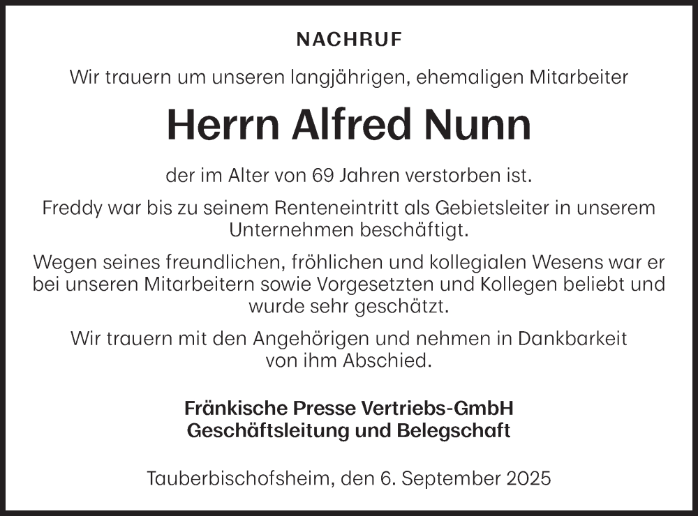  Traueranzeige für Alfred Nunn vom 06.09.2025 aus Fränkische Nachrichten