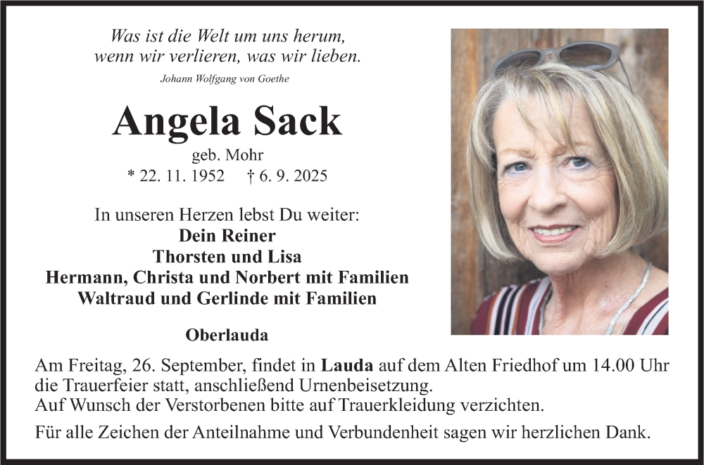  Traueranzeige für Angela Sack vom 20.09.2025 aus Fränkische Nachrichten