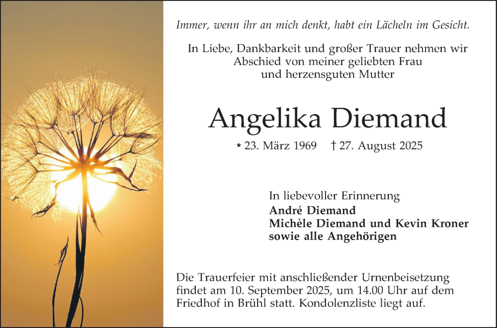  Traueranzeige für Angelika Diemand vom 06.09.2025 aus Schwetzinger Zeitung