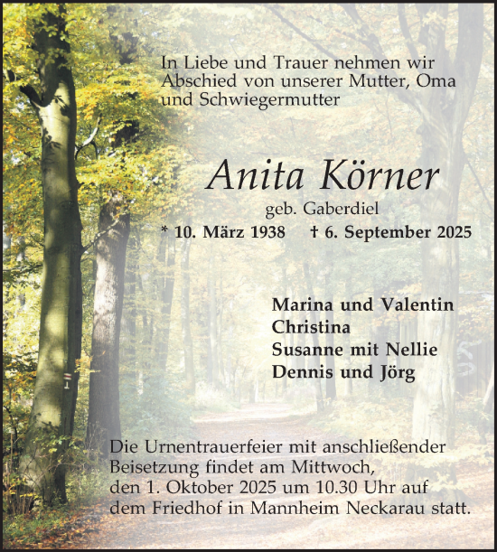 Traueranzeige von Anita Körner von Mannheimer Morgen