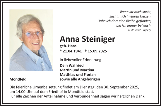 Traueranzeige von Anna Steiniger von Fränkische Nachrichten