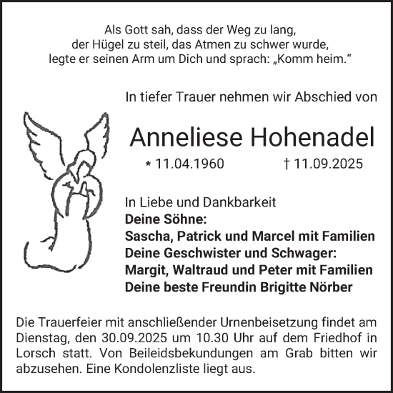 Traueranzeige von Anneliese Hohenadel von Bergsträßer Anzeiger